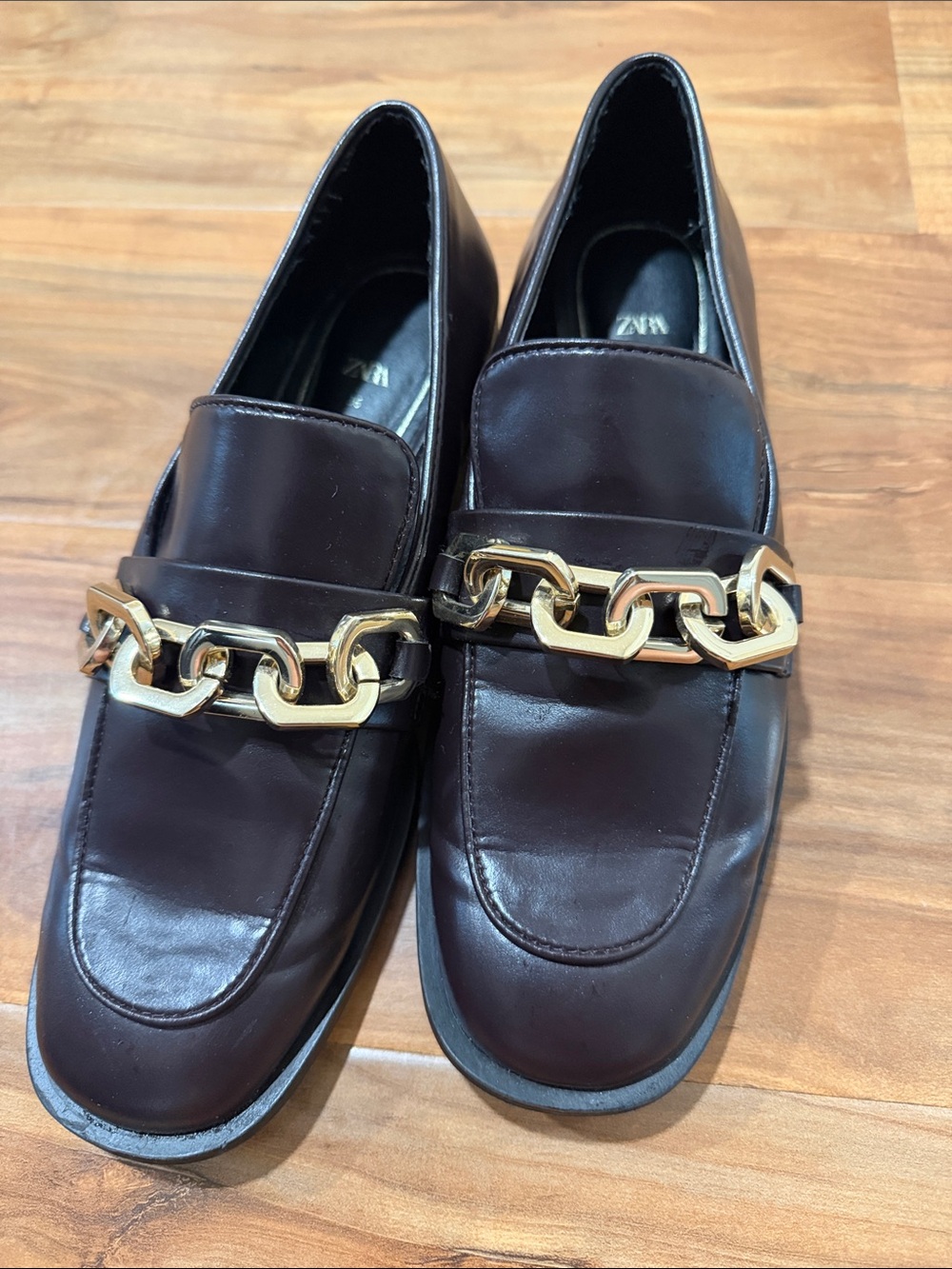 Zara Dark Brown Leather Loafers with Gold Chain Detail